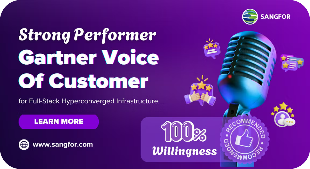Sangfor Gartner and G2 review banner showing Strong Performer Gartner Voice Of Customer