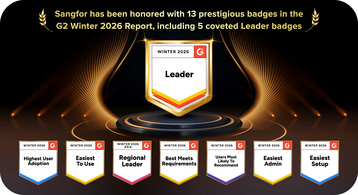 Sangfor Gartner and G2 review banner showing G2 Winter 2026 leader badges